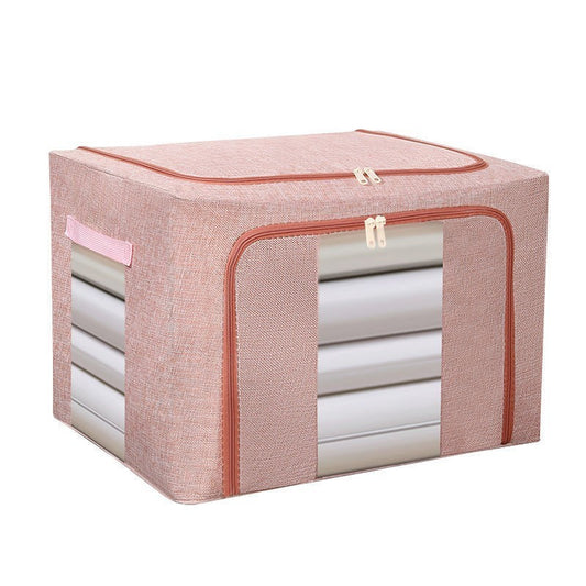 Cutie de Depozitare Pliabila, 66 L, din Bumbac si In, 50x40x33 cm, 2 Ferestre, Frontala si Laterala, 2 Usi de Acces cu Fermoar Bidirectional, Cadru Metalic, Suport Baza Stabil din Plastic, Roz Pudrat