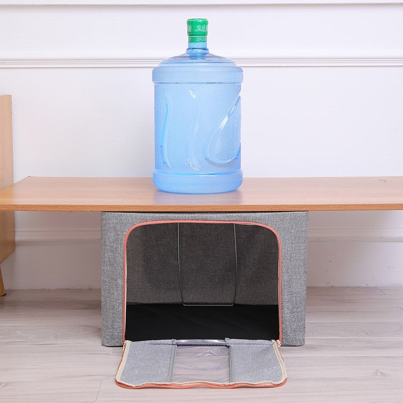 Cutie de Depozitare Pliabila, 66 L, din Bumbac si In, 50x40x33 cm, Fereastra Frontala, 2 Usi de Acces cu Fermoar Bidirectional, Cadru Metalic, Suport Baza Stabil din Plastic, Gri
