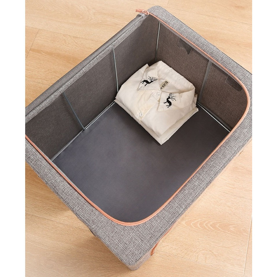 Cutie de Depozitare Pliabila, 66 L, din Bumbac si In, 50x40x33 cm, Fereastra Frontala, 2 Usi de Acces cu Fermoar Bidirectional, Cadru Metalic, Suport Baza Stabil din Plastic, Gri