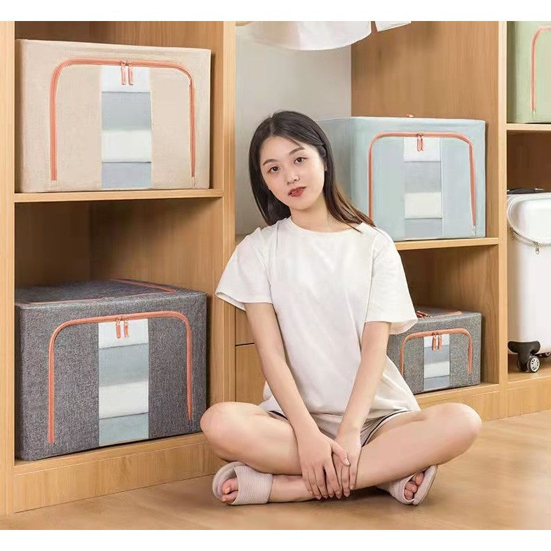 Cutie de Depozitare Pliabila, 66 L, din Bumbac si In, 50x40x33 cm, Fereastra Frontala, 2 Usi de Acces cu Fermoar Bidirectional, Cadru Metalic, Suport Baza Stabil din Plastic, Gri