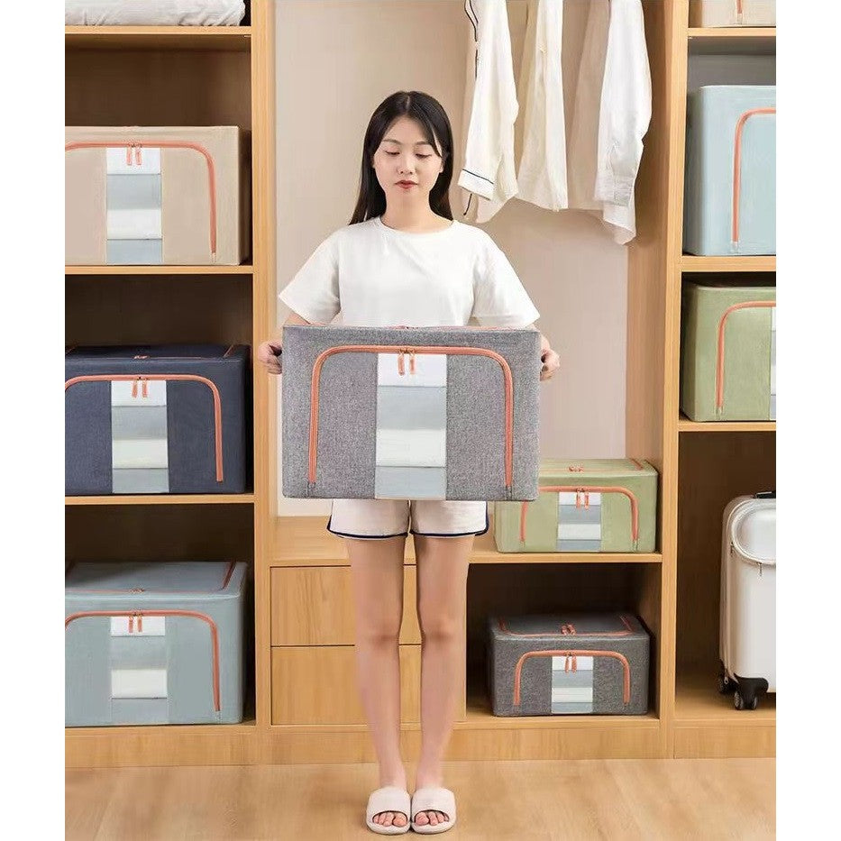 Cutie de Depozitare Pliabila, 66 L, din Bumbac si In, 50x40x33 cm, Fereastra Frontala, 2 Usi de Acces cu Fermoar Bidirectional, Cadru Metalic, Suport Baza Stabil din Plastic, Gri
