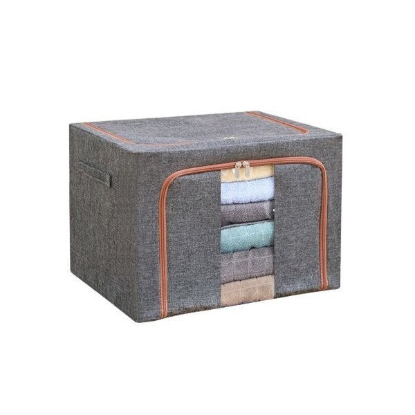 Cutie de Depozitare Pliabila, 66 L, din Bumbac si In, 50x40x33 cm, Fereastra Frontala, 2 Usi de Acces cu Fermoar Bidirectional, Cadru Metalic, Suport Baza Stabil din Plastic, Gri