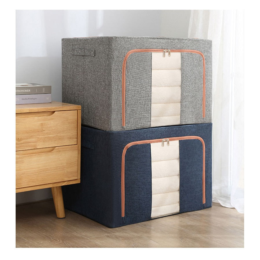 Cutie de Depozitare Pliabila, 66 L, din Bumbac si In, 50x40x33 cm, Fereastra Frontala, 2 Usi de Acces cu Fermoar Bidirectional, Cadru Metalic, Suport Baza Stabil din Plastic, Gri