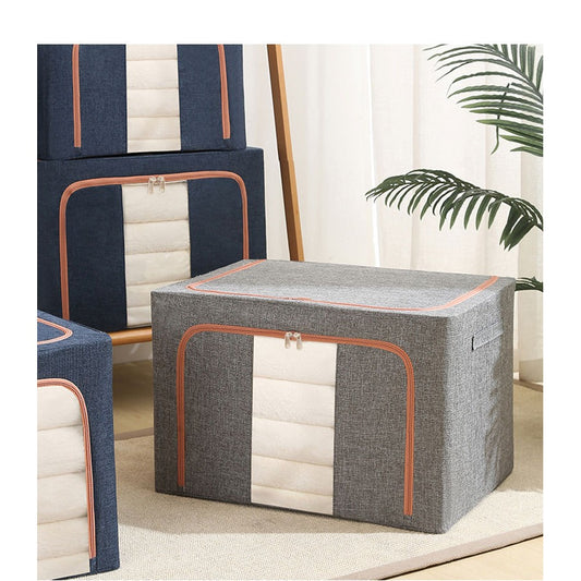 Cutie de Depozitare Pliabila, 66 L, din Bumbac si In, 50x40x33 cm, Fereastra Frontala, 2 Usi de Acces cu Fermoar Bidirectional, Cadru Metalic, Suport Baza Stabil din Plastic, Gri