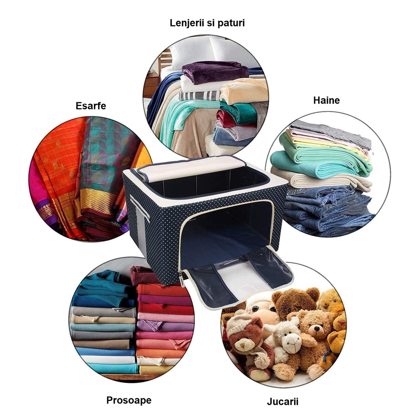Cutie de Depozitare Pliabila, Cu Fermoar, 100 L, Textil, 60x42x40 cm, Albastru Marin, Cadru Metalic, Suport Baza Stabil din Plastic, Imprimeu buline