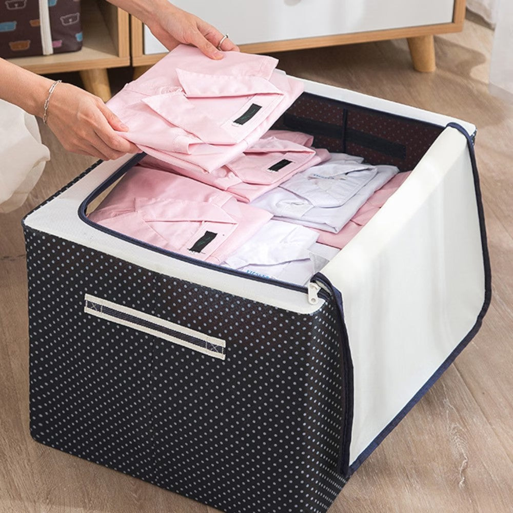 Cutie de Depozitare Pliabila, Cu Fermoar, 100 L, Textil, 60x42x40 cm, Albastru Marin, Cadru Metalic, Suport Baza Stabil din Plastic, Imprimeu buline