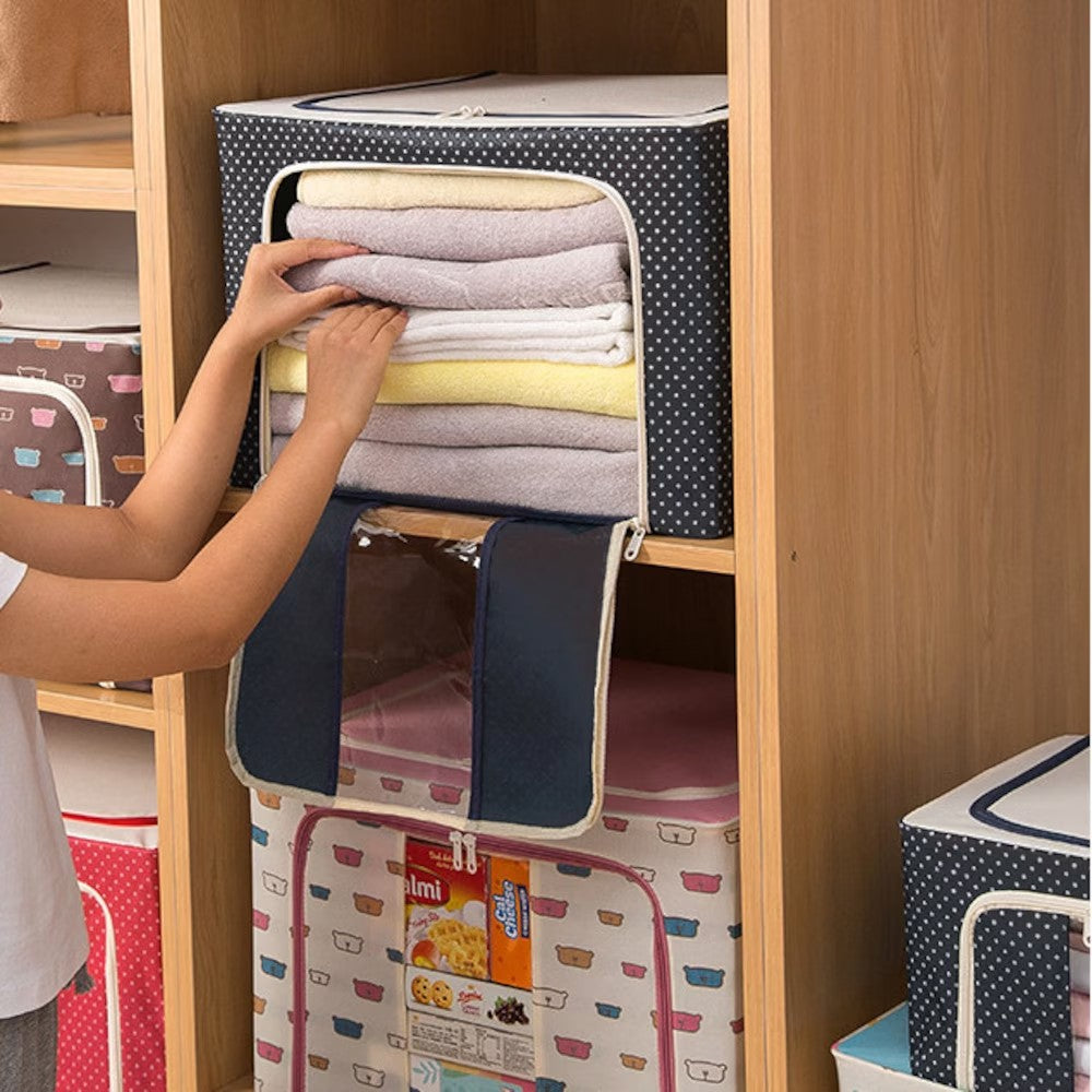Cutie de Depozitare Pliabila, Cu Fermoar, 100 L, Textil, 60x42x40 cm, Albastru Marin, Cadru Metalic, Suport Baza Stabil din Plastic, Imprimeu buline
