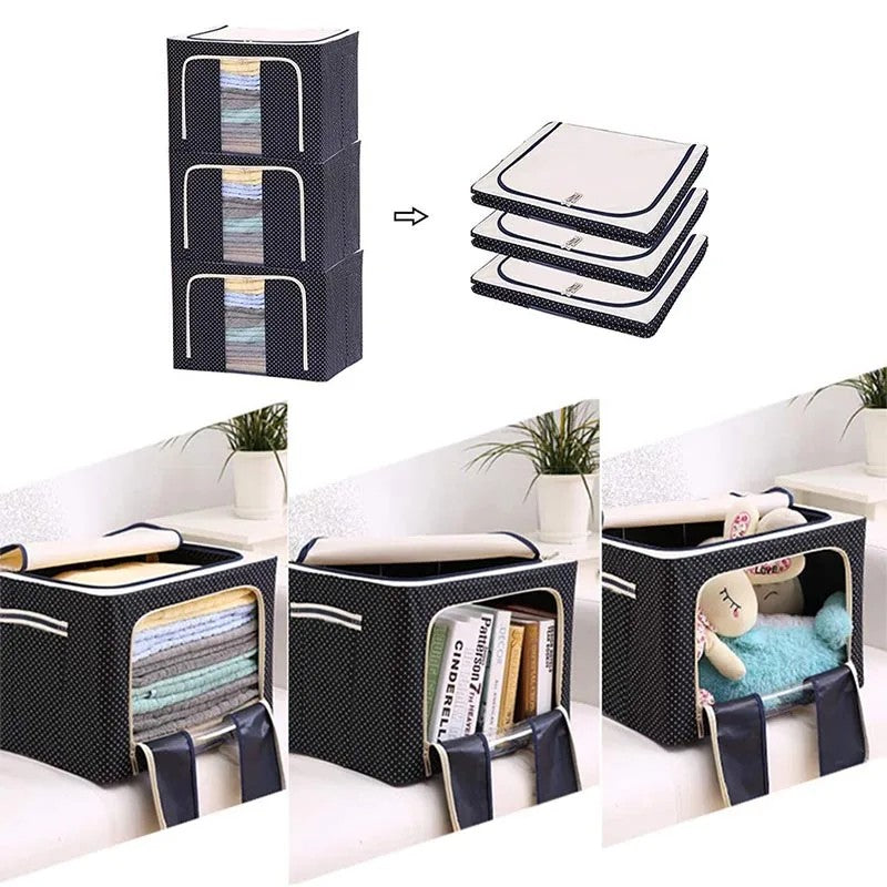 Cutie de Depozitare Pliabila, Cu Fermoar, 100 L, Textil, 60x42x40 cm, Albastru Marin, Cadru Metalic, Suport Baza Stabil din Plastic, Imprimeu buline