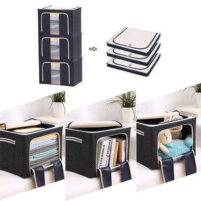 Cutie de Depozitare Pliabila, Cu Fermoar, 100 L, Textil, 60x42x40 cm, Albastru Marin, Cadru Metalic, Suport Baza Stabil din Plastic, Imprimeu buline