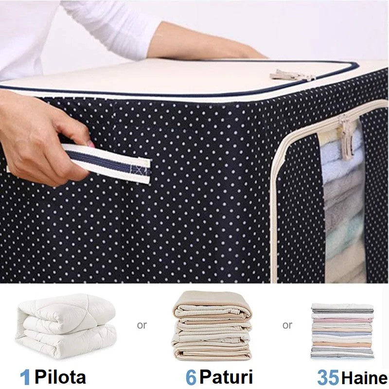 Cutie de Depozitare Pliabila, Cu Fermoar, 100 L, Textil, 60x42x40 cm, Albastru Marin, Cadru Metalic, Suport Baza Stabil din Plastic, Imprimeu buline