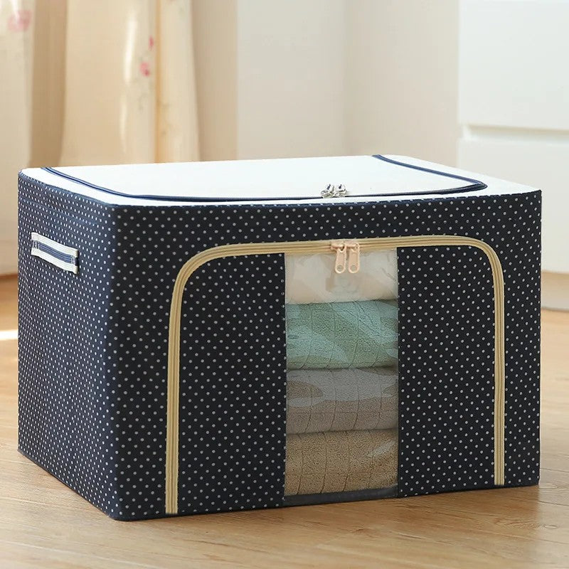 Cutie de Depozitare Pliabila, Cu Fermoar, 100 L, Textil, 60x42x40 cm, Albastru Marin, Cadru Metalic, Suport Baza Stabil din Plastic, Imprimeu buline