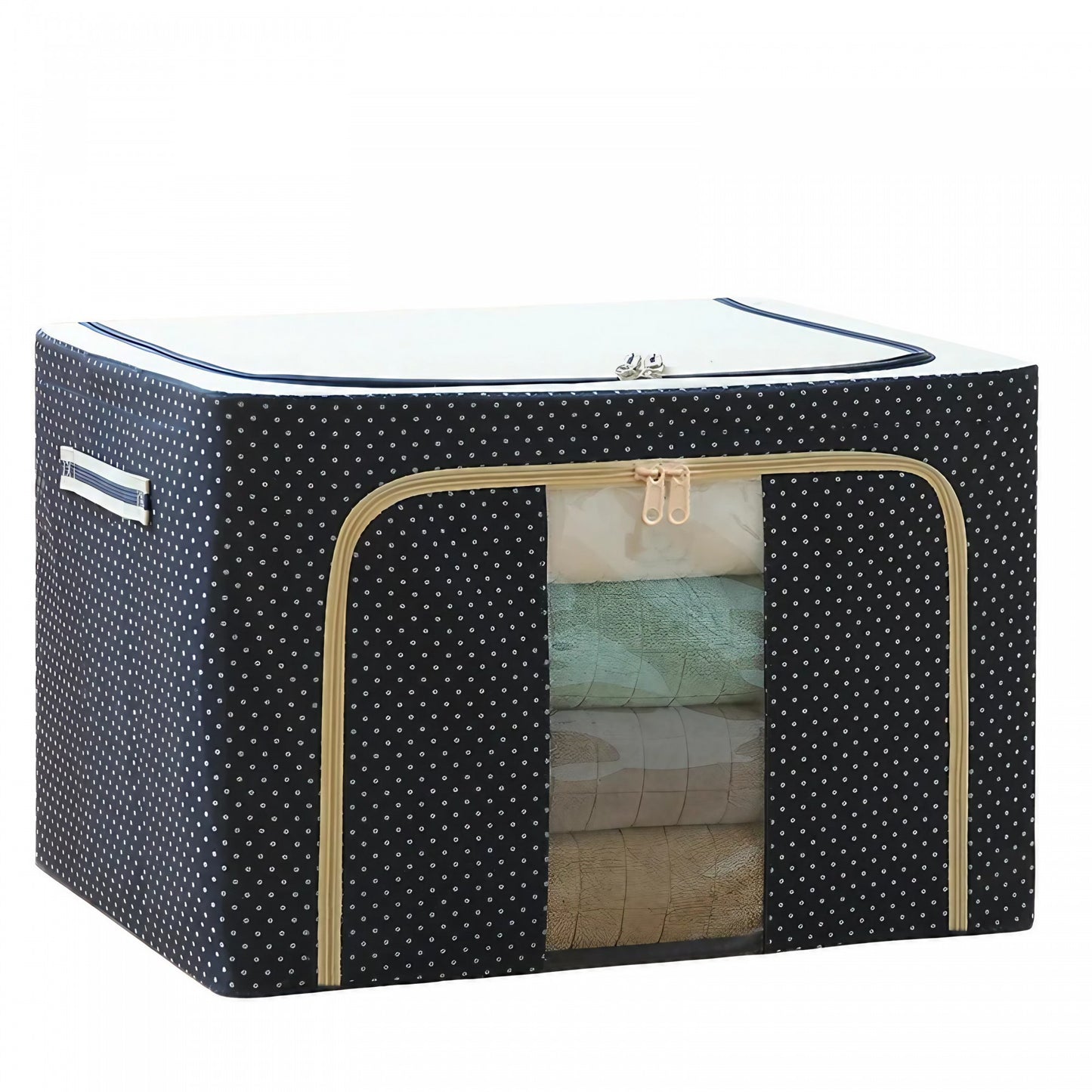 Cutie de Depozitare Pliabila, Cu Fermoar, 100 L, Textil, 60x42x40 cm, Albastru Marin, Cadru Metalic, Suport Baza Stabil din Plastic, Imprimeu buline