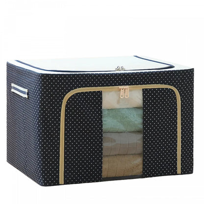 Cutie de Depozitare Pliabila, Cu Fermoar, 100 L, Textil, 60x42x40 cm, Albastru Marin, Cadru Metalic, Suport Baza Stabil din Plastic, Imprimeu buline
