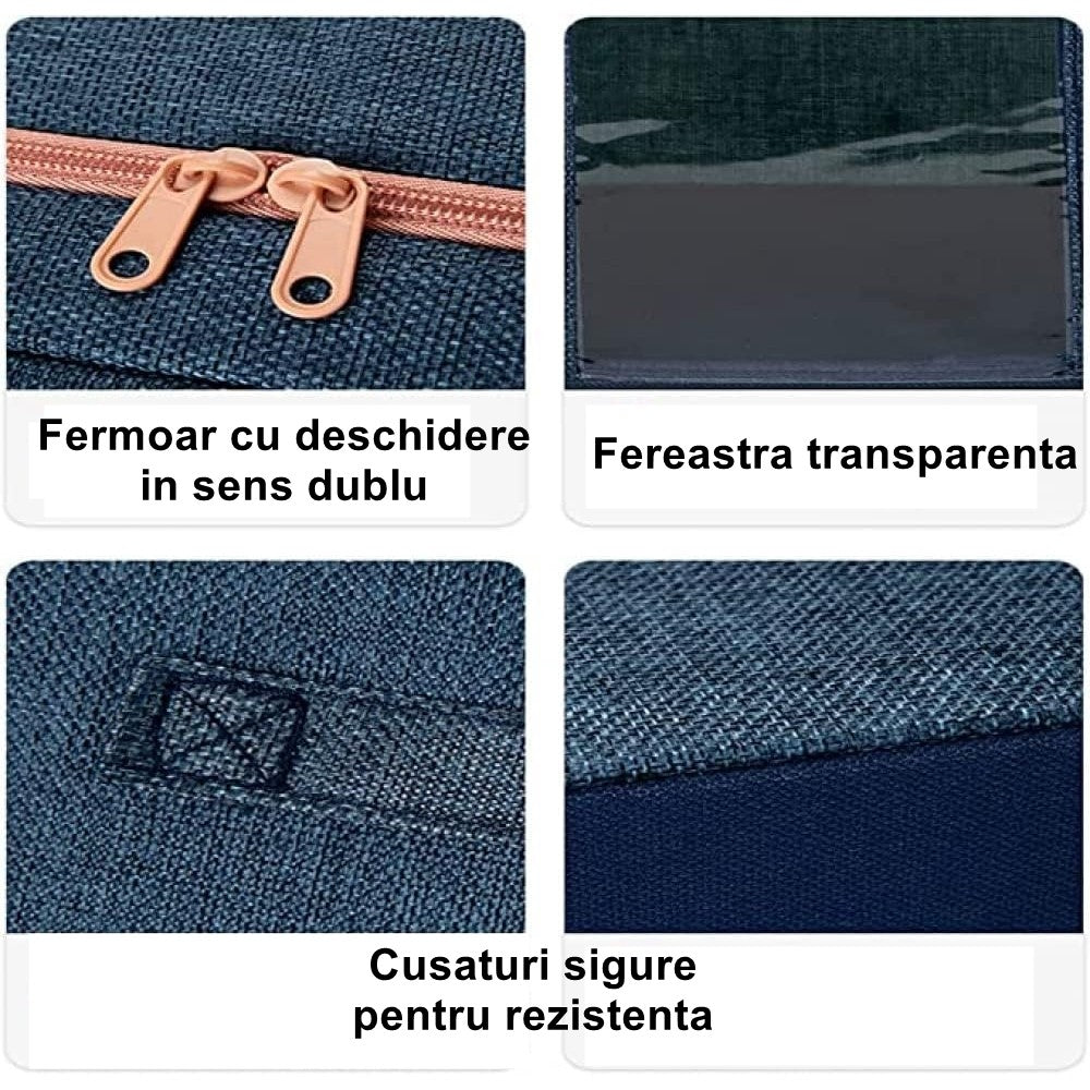 Cutie de Depozitare Pliabila, Cu Fermoar, 100 L, Textil, 60x42x40 cm, Cadru Metalic, Suport Baza Stabil din Plastic, Albastru Marin cu Doua Ferestre