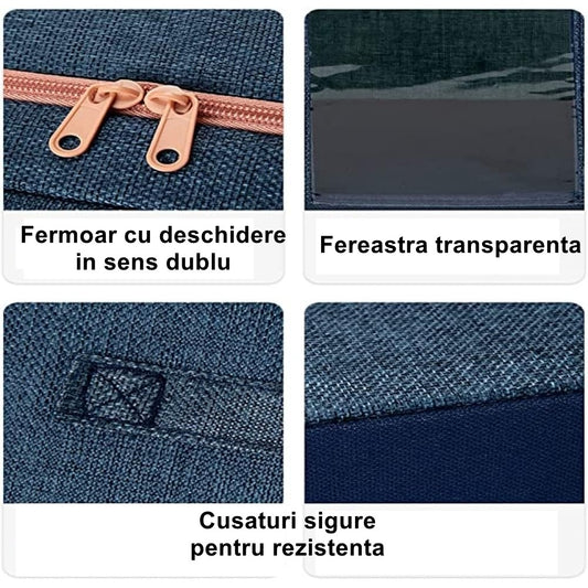 Cutie de Depozitare Pliabila, Cu Fermoar, 100 L, Textil, 60x42x40 cm, Cadru Metalic, Suport Baza Stabil din Plastic, Albastru Marin cu Doua Ferestre