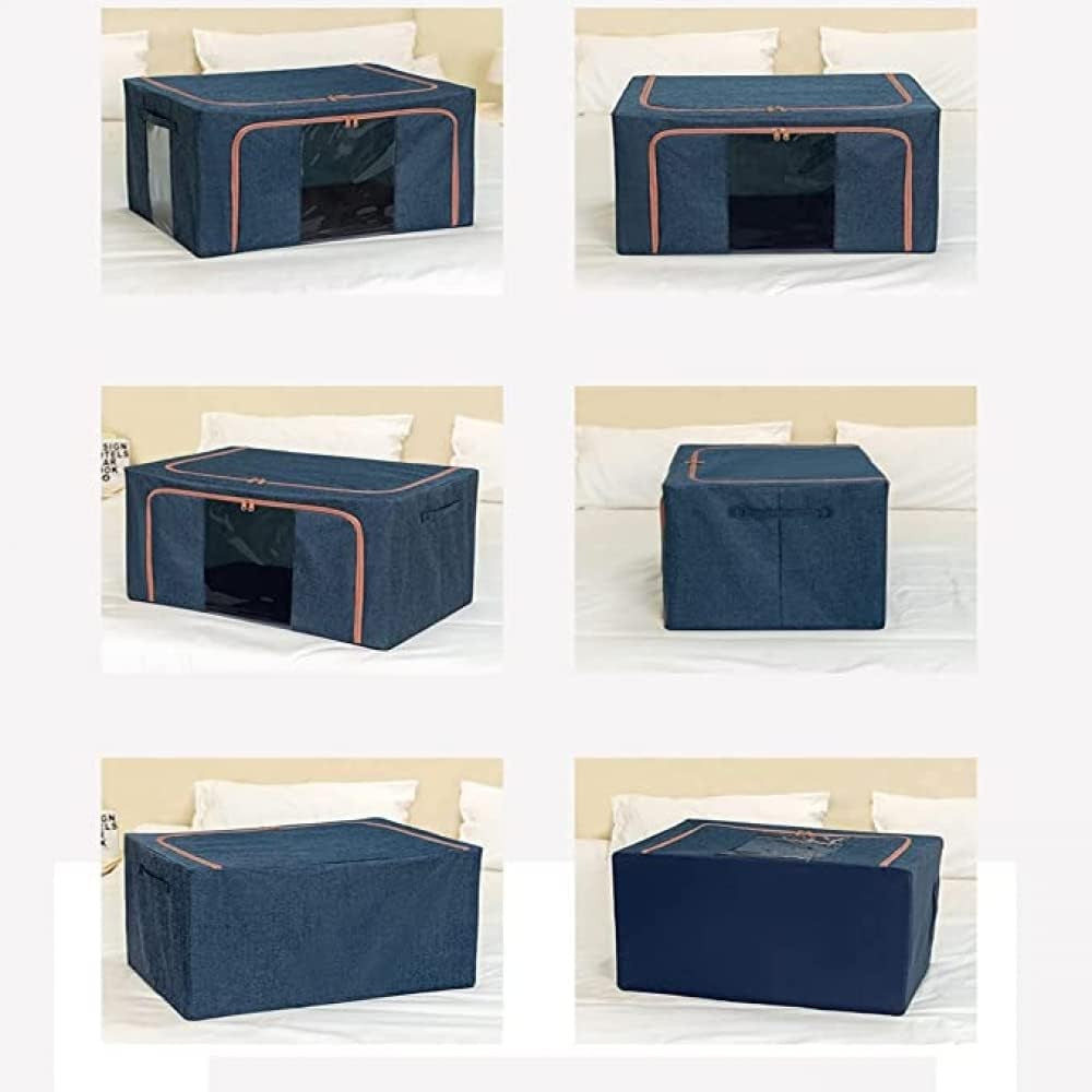 Cutie de Depozitare Pliabila, Cu Fermoar, 100 L, Textil, 60x42x40 cm, Cadru Metalic, Suport Baza Stabil din Plastic, Albastru Marin cu Doua Ferestre