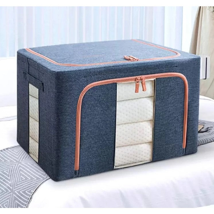 Cutie de Depozitare Pliabila, Cu Fermoar, 100 L, Textil, 60x42x40 cm, Cadru Metalic, Suport Baza Stabil din Plastic, Albastru Marin cu Doua Ferestre