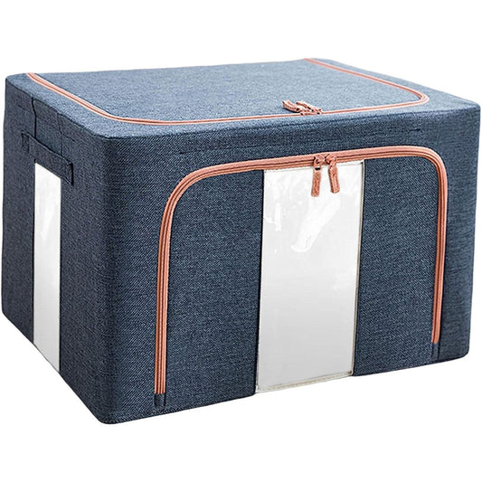 Cutie de Depozitare Pliabila, Cu Fermoar, 100 L, Textil, 60x42x40 cm, Cadru Metalic, Suport Baza Stabil din Plastic, Albastru Marin cu Doua Ferestre