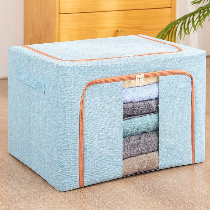 Cutie de depozitare pliabila, Cu fermoar, 100 L, Textil, 60x42x40 cm, Cadru Metalic, Suport Baza Stabil din Plastic, Bleu