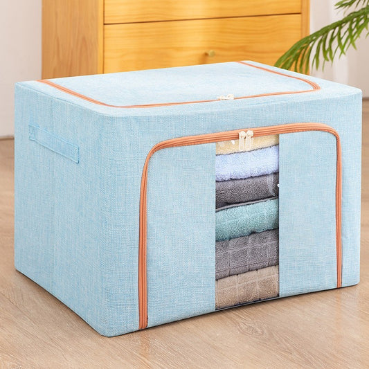 Cutie de depozitare pliabila, Cu fermoar, 100 L, Textil, 60x42x40 cm, Cadru Metalic, Suport Baza Stabil din Plastic, Bleu