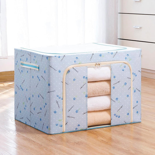 Cutie de Depozitare Pliabila, 100 L, din Tesatura Oxford, 60x42x40 cm, Fereastra Frontala, 2 Usi de Acces cu Fermoar Bidirectional, Cadru Metalic, Suport Baza Stabil din Plastic, Imprimeu Cirese, Albastru