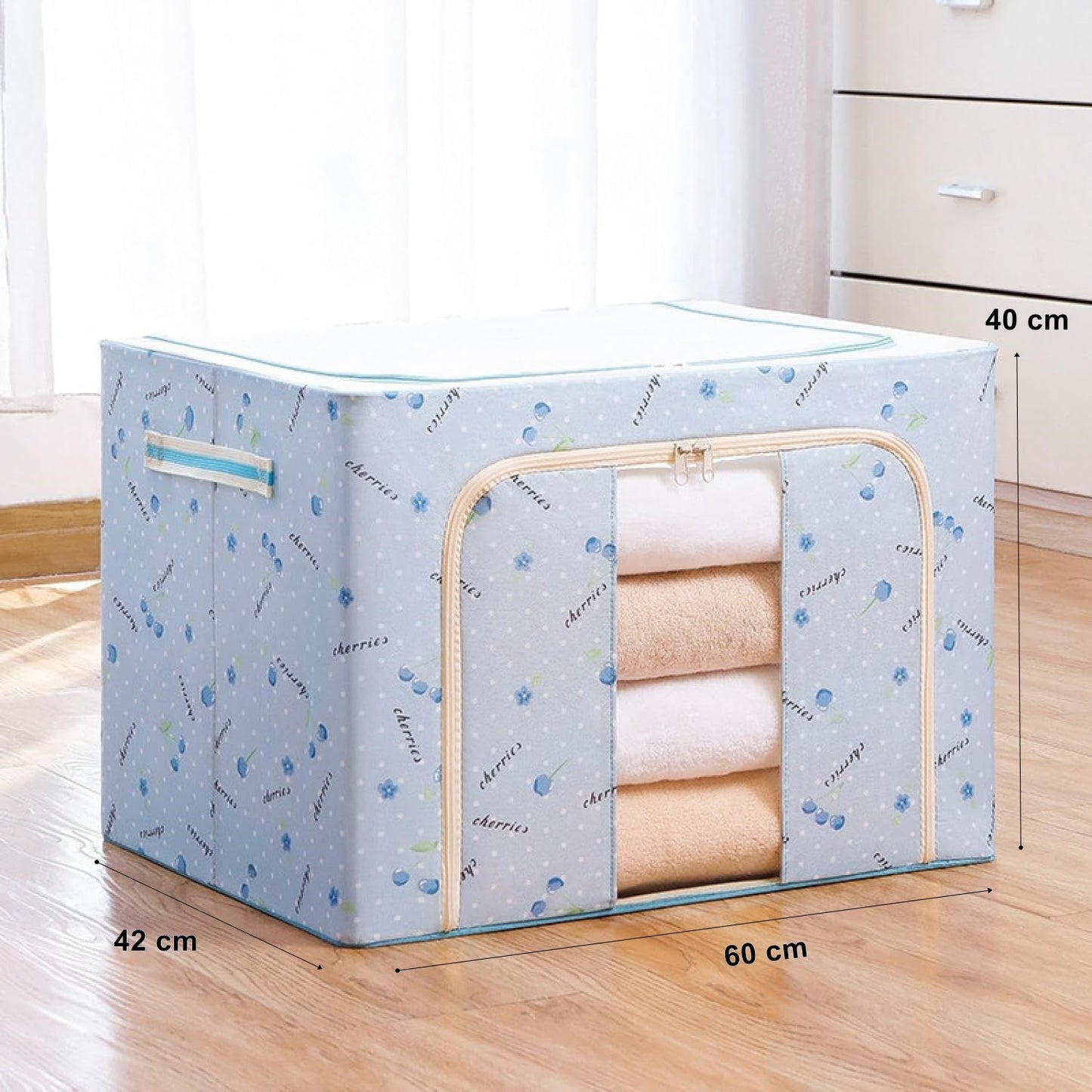 Cutie de Depozitare Pliabila, 100 L, din Tesatura Oxford, 60x42x40 cm, Fereastra Frontala, 2 Usi de Acces cu Fermoar Bidirectional, Cadru Metalic, Suport Baza Stabil din Plastic, Imprimeu Cirese, Albastru