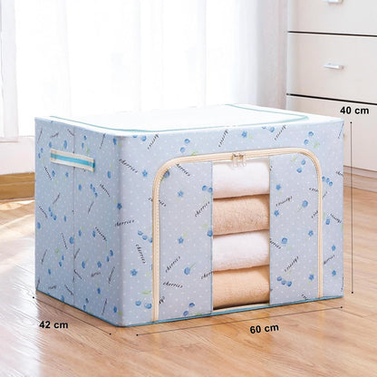 Cutie de Depozitare Pliabila, 100 L, din Tesatura Oxford, 60x42x40 cm, Fereastra Frontala, 2 Usi de Acces cu Fermoar Bidirectional, Cadru Metalic, Suport Baza Stabil din Plastic, Imprimeu Cirese, Albastru