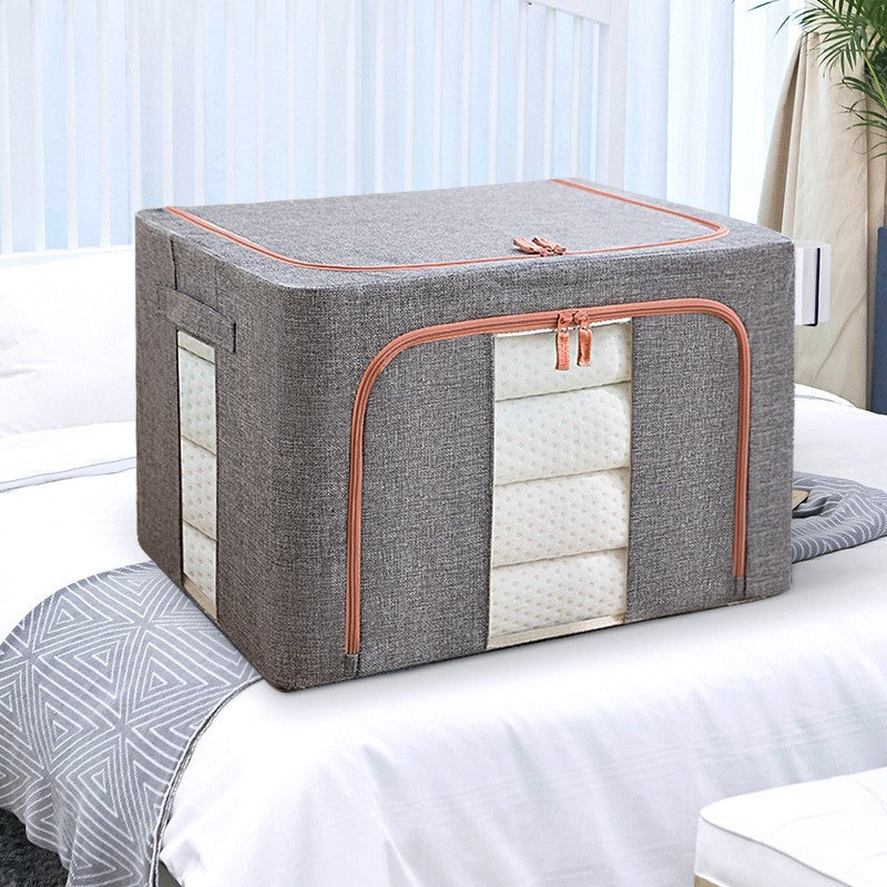 Cutie de depozitare pliabila, Cu fermoar, 100 L, Textil, 60x42x40 cm, Cadru Metalic, Suport Baza Stabil din Plastic, Gri, Cu doua ferestre
