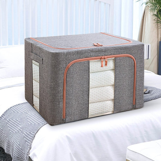 Cutie de depozitare pliabila, Cu fermoar, 100 L, Textil, 60x42x40 cm, Cadru Metalic, Suport Baza Stabil din Plastic, Gri, Cu doua ferestre
