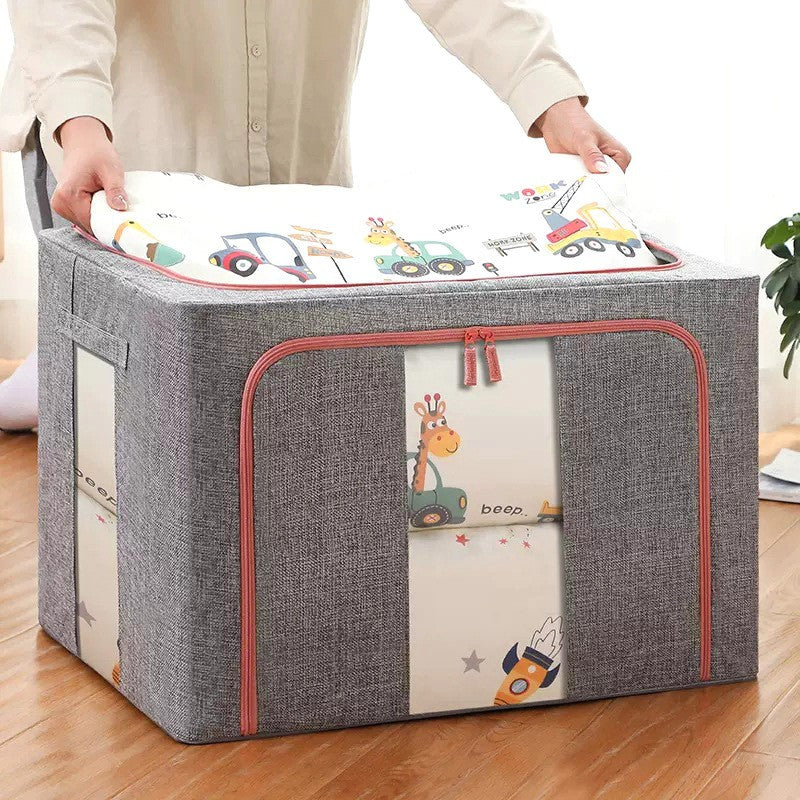 Cutie de depozitare pliabila, Cu fermoar, 100 L, Textil, 60x42x40 cm, Cadru Metalic, Suport Baza Stabil din Plastic, Gri, Cu doua ferestre