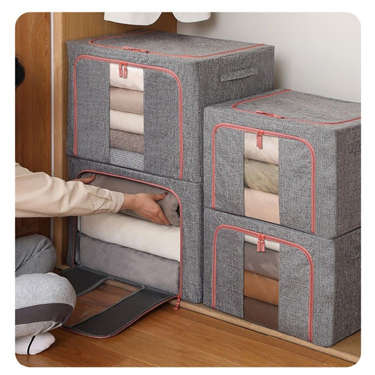 Cutie de depozitare pliabila, Cu fermoar, 100 L, Textil, 60x42x40 cm, Cadru Metalic, Suport Baza Stabil din Plastic, Gri, Cu doua ferestre