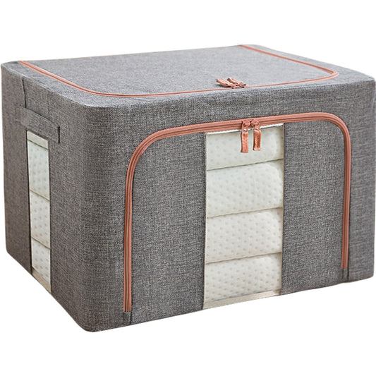 Cutie de depozitare pliabila, Cu fermoar, 100 L, Textil, 60x42x40 cm, Cadru Metalic, Suport Baza Stabil din Plastic, Gri, Cu doua ferestre