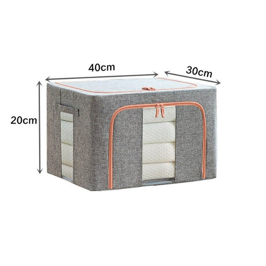 Cutie de Depozitare Pliabila, 24 L, din Bumbac si In, 40x30x20 cm, 2 Ferestre, Frontala si Laterala, 2 Usi de Acces cu Fermoar Bidirectional, Cadru Metalic, Suport Baza Stabil din Plastic, Gri