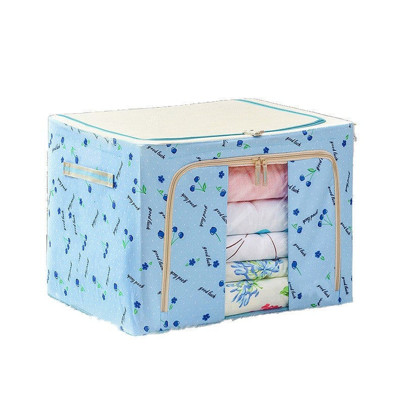 Cutie de Depozitare Pliabila, 24 L, Panza Oxford, 40x30x20 cm, Fereastra Frontala, 2 Usi de Acces cu Fermoar Bidirectional, Cadru Metalic, Suport Baza Stabil din Plastic, Imprimeu cirese, Albastru