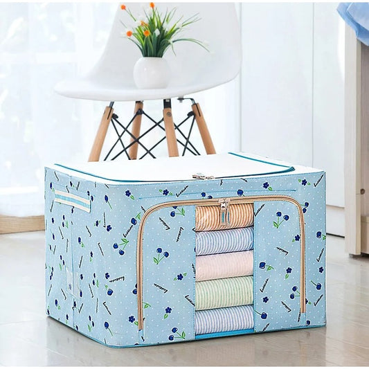 Cutie de Depozitare Pliabila, 24 L, Panza Oxford, 40x30x20 cm, Fereastra Frontala, 2 Usi de Acces cu Fermoar Bidirectional, Cadru Metalic, Suport Baza Stabil din Plastic, Imprimeu cirese, Albastru