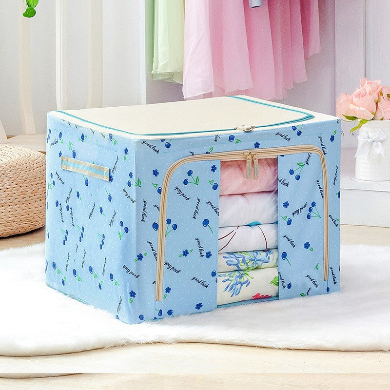 Cutie de Depozitare Pliabila, 24 L, Panza Oxford, 40x30x20 cm, Fereastra Frontala, 2 Usi de Acces cu Fermoar Bidirectional, Cadru Metalic, Suport Baza Stabil din Plastic, Imprimeu cirese, Albastru
