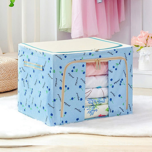 Cutie de Depozitare Pliabila, 24 L, Panza Oxford, 40x30x20 cm, Fereastra Frontala, 2 Usi de Acces cu Fermoar Bidirectional, Cadru Metalic, Suport Baza Stabil din Plastic, Imprimeu cirese, Albastru