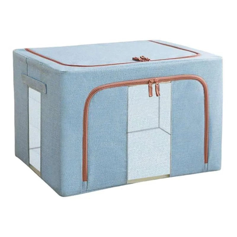 Cutie de Depozitare Pliabila, 66 L, din Bumbac si In, 50x40x33 cm, 2 Ferestre, Frontala si Laterala, 2 Usi de Acces cu Fermoar Bidirectional, Cadru Metalic, Suport Baza Stabil din Plastic, Bleu