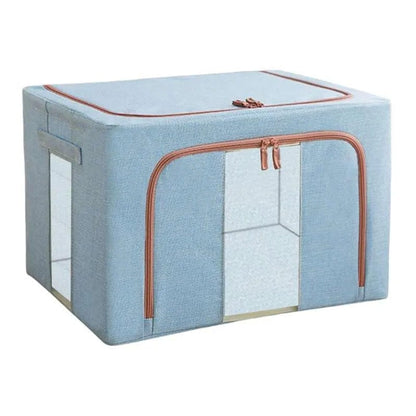Cutie de Depozitare Pliabila, 66 L, din Bumbac si In, 50x40x33 cm, 2 Ferestre, Frontala si Laterala, 2 Usi de Acces cu Fermoar Bidirectional, Cadru Metalic, Suport Baza Stabil din Plastic, Bleu