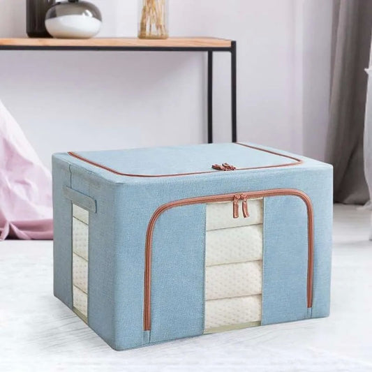 Cutie de Depozitare Pliabila, 66 L, din Bumbac si In, 50x40x33 cm, 2 Ferestre, Frontala si Laterala, 2 Usi de Acces cu Fermoar Bidirectional, Cadru Metalic, Suport Baza Stabil din Plastic, Bleu