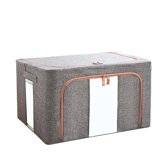 Cutie de depozitare pliabila, Cu fermoar, 66 L, Textil, 50x40x33 cm, Gri, Cadru Metalic, Suport Baza Stabil din Plastic, Cu doua ferestre