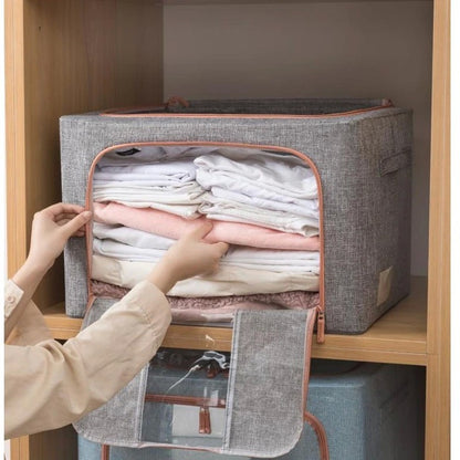 Cutie de depozitare pliabila, Cu fermoar, 66 L, Textil, 50x40x33 cm, Gri, Cadru Metalic, Suport Baza Stabil din Plastic, Cu doua ferestre