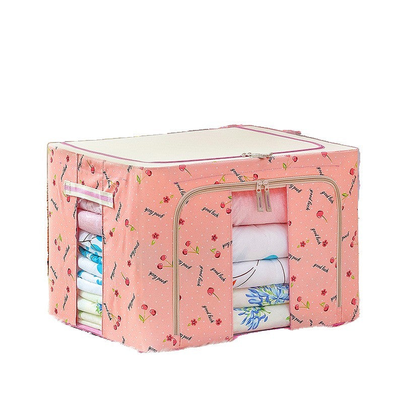 Cutie de Depozitare Pliabila, 66 L, din Tesatura Oxford, 50x40x33 cm, 2 Ferestre, Frontala si Laterala, 2 Usi de Acces cu Fermoar Bidirectional, Cadru Metalic, Suport Baza Stabil din Plastic, Imprimeu Cirese, Roz