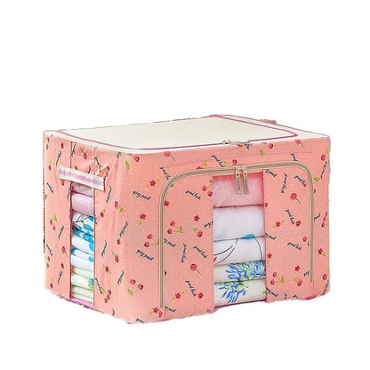 Cutie de Depozitare Pliabila, 66 L, din Tesatura Oxford, 50x40x33 cm, 2 Ferestre, Frontala si Laterala, 2 Usi de Acces cu Fermoar Bidirectional, Cadru Metalic, Suport Baza Stabil din Plastic, Imprimeu Cirese, Roz