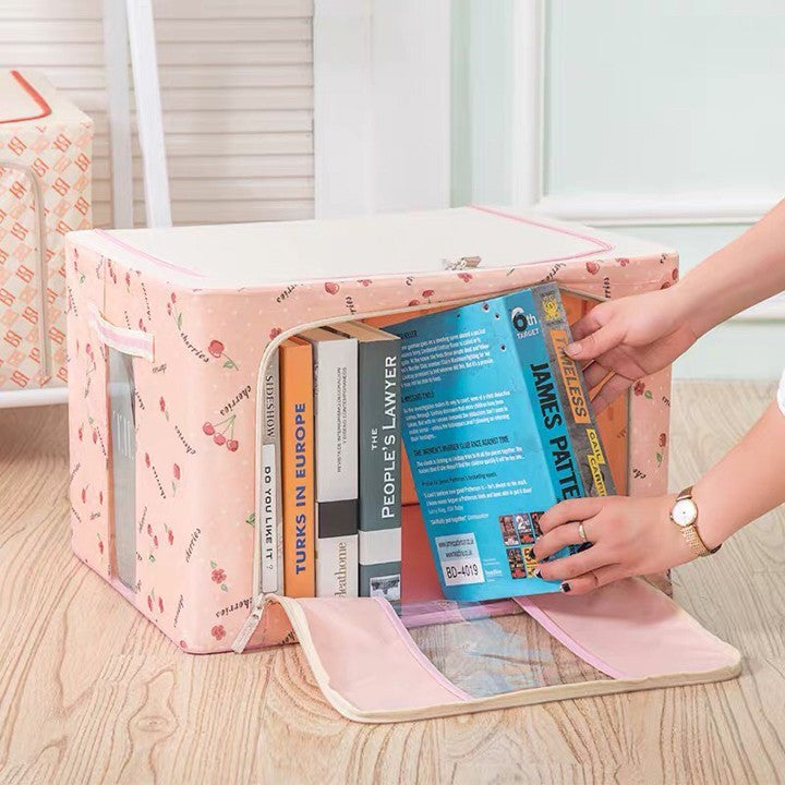 Cutie de Depozitare Pliabila, 66 L, din Tesatura Oxford, 50x40x33 cm, 2 Ferestre, Frontala si Laterala, 2 Usi de Acces cu Fermoar Bidirectional, Cadru Metalic, Suport Baza Stabil din Plastic, Imprimeu Cirese, Roz