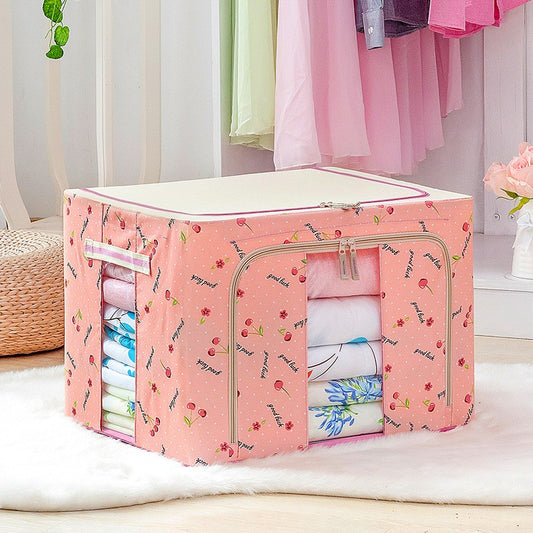 Cutie de Depozitare Pliabila, 66 L, din Tesatura Oxford, 50x40x33 cm, 2 Ferestre, Frontala si Laterala, 2 Usi de Acces cu Fermoar Bidirectional, Cadru Metalic, Suport Baza Stabil din Plastic, Imprimeu Cirese, Roz