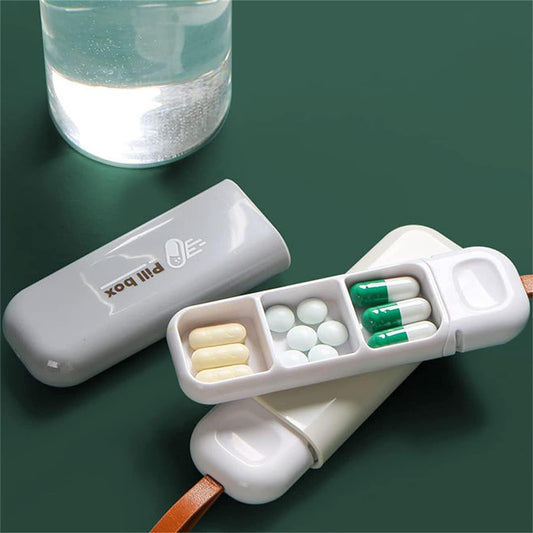 Cutie Depozitare Medicamente, Portabila, 3 Compartimente, Tip Breloc, Plastic, Glisanta, Gri, 10.7x3.6x1.6 cm