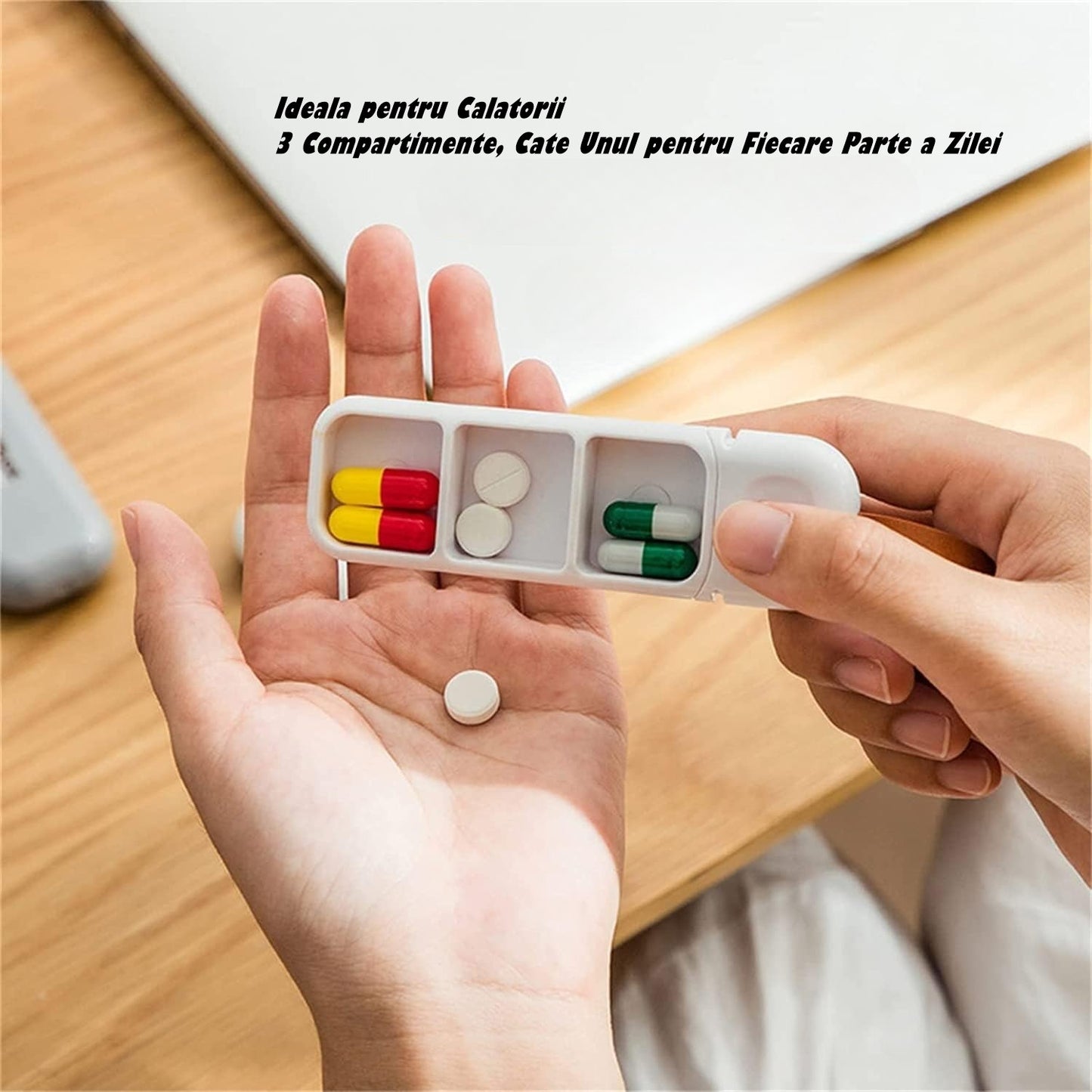 Cutie Depozitare Medicamente, Portabila, 3 Compartimente, Tip Breloc, Plastic, Glisanta, Gri, 10.7x3.6x1.6 cm