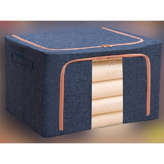 Cutie de Depozitare Pliabila, 66 L, din Bumbac si In, 50x40x33 cm, Fereastra Frontala, 2 Usi de Acces cu Fermoar Bidirectional, Cadru Metalic, Suport Baza Stabil din Plastic, Albastru Marin