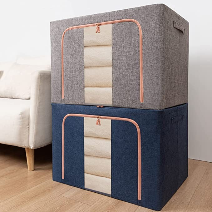 Cutie de Depozitare Pliabila, 66 L, din Bumbac si In, 50x40x33 cm, Fereastra Frontala, 2 Usi de Acces cu Fermoar Bidirectional, Cadru Metalic, Suport Baza Stabil din Plastic, Albastru Marin
